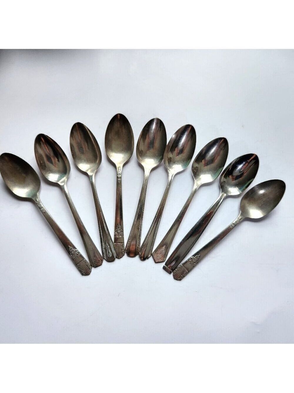 Vintage Teaspoons Set of 9 Ornate Handles Silverplate Flatware Silverware Lot